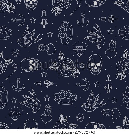 Stock photo: Tattoo Seamless Pattern Skull And Brass Knuckles Rose And Hear