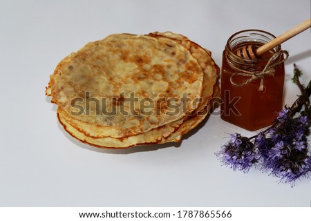 Stockfoto: Top View Of Glass Jar With Sweet Meadow Honey On A Gray Stone Background Jewish New Year Healthy Ho