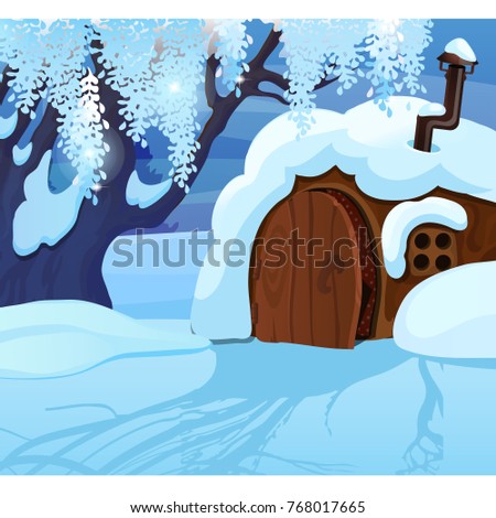Stock photo: Sketch For Christmas Poster With Cozy Rustic Small Houses With Glowing Windows Template For Greetin