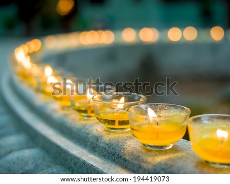 Stock photo: Burning Candles And Offerings At Buddhist Temple Nepal Kathmandu