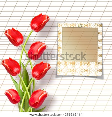 Foto stock: Bouquet Of Beautiful Red Tulips With Slides On Paper White Backg