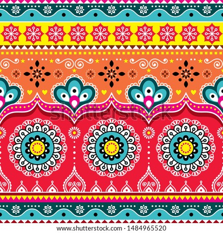 Foto d'archivio: Jingle Trucks Pattern Pakistani Truck Art Seamless Vector Design Indian Vivid Truck Floral Orname