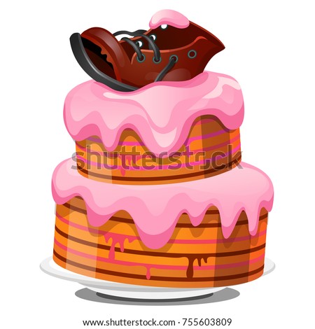 Stock photo: Festive Layered Biscuit Cake Covered With Cream Ragged Old Leather Boot Isolated On White Backgroun