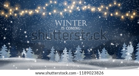 Stock photo: Winter Is Coming Christmas Snowy Night Woodland Landscape With Falling Snow Firs Snowflakes For