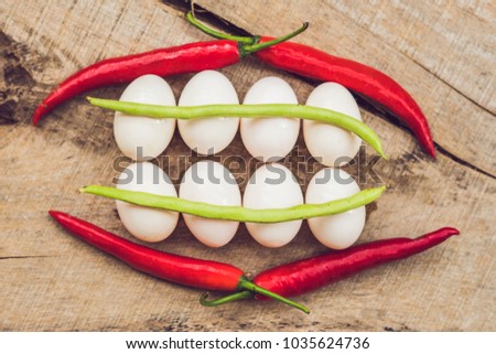 ストックフォト: Eggs Peppers Beans And Cucumbers In The Form Of Teeth And Breakets Varities Of Orthodontic Bracke