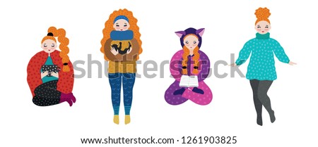 Foto stock: Girl In Warm Clothes Spending Autumn Or Winter Weekend At Home - Drink Tea Hand Drawn Cute Cartoon