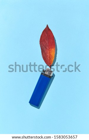 Foto d'archivio: Creative Composition Blue Lighter With Fire From Fall Red Leaf And Hard Shadows