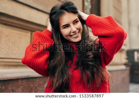 Stok fotoğraf: Portrait Of A Girl With Long White Hair In Red Sweater On Pink Background With White Stars Flat V