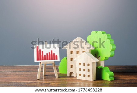 Stok fotoğraf: Figures Of Residential Buildings And An Easel With A Red Falling Trend Chart Low Cost Real Estate