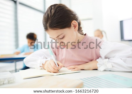 Foto stock: Portrait Of A Young Girl In School At The Deskhorizontal Shot