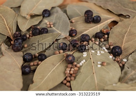 Dry Leaves Of Bay Leaf With Seeds Of Black Pepper A Nice Photo For Culinary Magazines Stockfoto © mcherevan