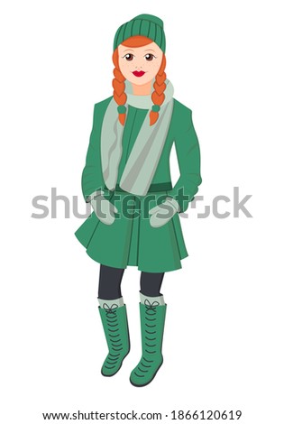 Stock photo: Beautiful Woman In Red Coat And Wool Cap And Gloves With Smartph