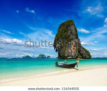 Сток-фото: Long Tail Boat On Tropical Beach Pranang Beach And Rock Krabi