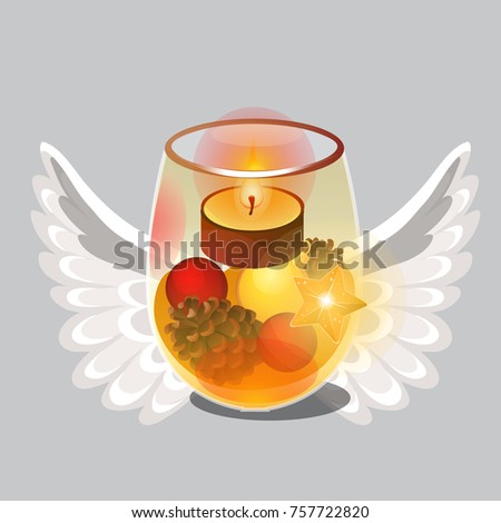 Stock fotó: Christmas Sketch With Burning Tea Or Floating Candle In Transparent Glass With Festive Natural Decor