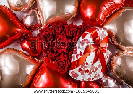 Сток-фото: Happy Valentines Day Background Balloon In Form Of Heart With Bow And Ribbon And Open Red Box Vect