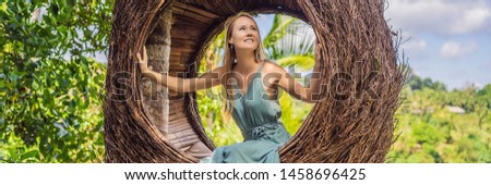 Сток-фото: Banner Long Format Bali Trend Straw Nests Everywhere Young Tourist Enjoying Her Travel Around Bal