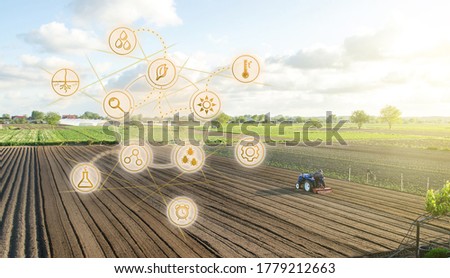 Stok fotoğraf: Futuristic Innovative Technology Pictogram On A Plantation Fields Covered With Spunbond Agrofibre A