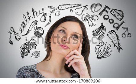 Foto stock: Young Pretty Woman Thinking Of Healthy Food Closeup Face Portrai