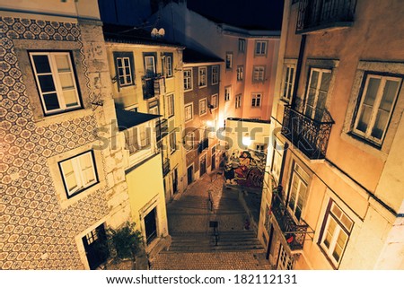 Zdjęcia stock: Lisbon At Night Streets And Old Houses Of The Historic Quarter