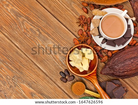 Stock photo: Chocolate Candy In A Wooden Spoon On A Crushed Raw Cocoa Beans Nibs Background Copy Space Top Vie