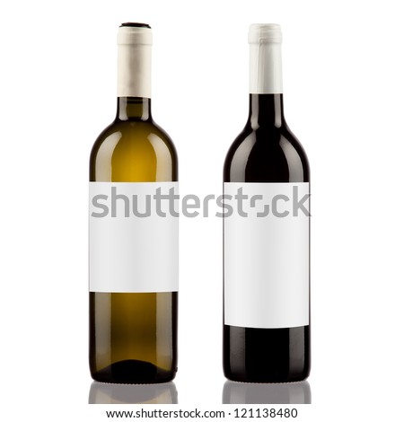 Stockfoto: Three Green Wine Bottles With Blank White Labels On White Wooden Board Mock Up