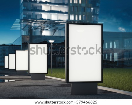 [[stock_photo]]: Five Blank Advertising Stands Against Office Building 3d Rendering