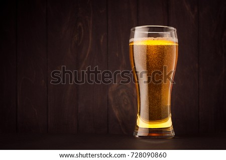 Stock fotó: Mug Beer Glass With Golden Sparkling Lager On Dark Wood Board Copy Space