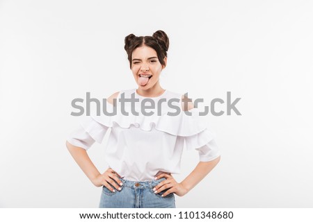 Zdjęcia stock: Portrait Closeup Of Joyful Sly Girl 20s With Double Buns Hairsty