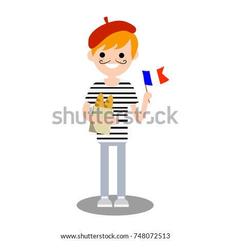 Stock fotó: French Man In Striped Shirt Beret Flat Cartoon Vector Illustra