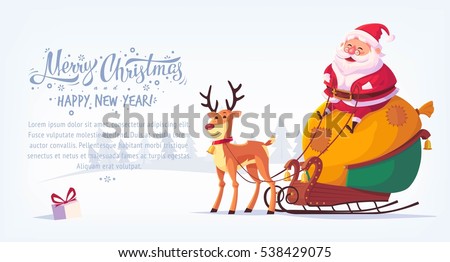 Foto stock: Merry Christmas Greeting Card Santa Claus Is Sitting In Chair Assistant Elf And An Open Bag With G