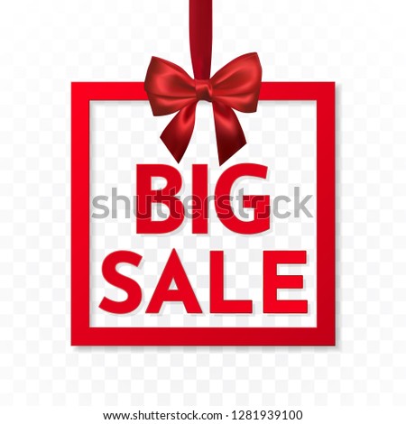 Foto stock: Big Sale Bright Holiday Gift Box Frame Banner Hanging With Red Ribbon And Silky Bow On Dark Backgro