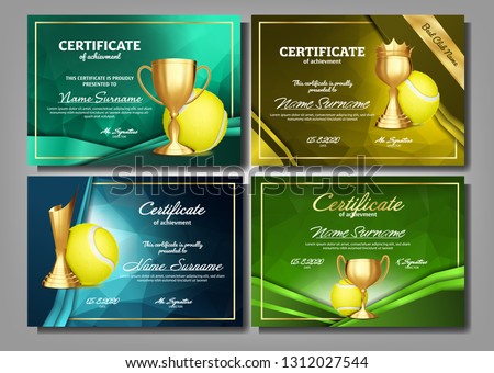 Foto stock: Tennis Certificate Diploma With Golden Cup Vector Sport Vintage Appreciation Modern Gift Print Bl