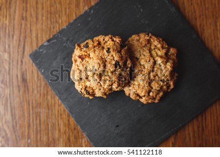 Stok fotoğraf: Fresh Homemade Chocolate Chip Cookies With Cup Of Espresso On Old Wooden Background