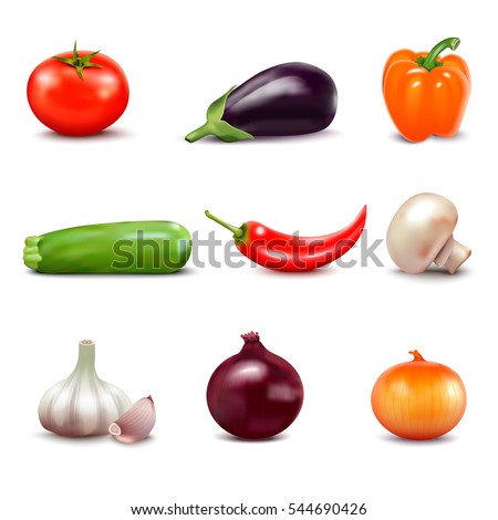 Foto d'archivio: Vegetables Vector Realistic Eggplant Tomatoes And Onions Banner Vegetarian Dinner Menu Healthy F