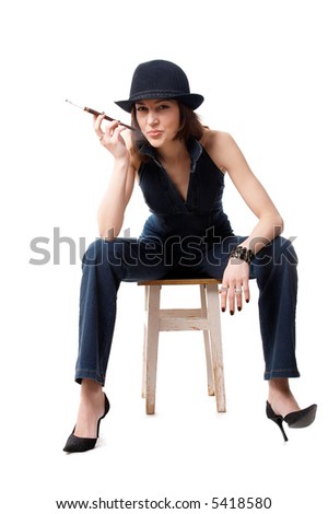 Foto stock: Elegant Blonde Girl Sitting On Chair Smoking Cigarette Thinkin