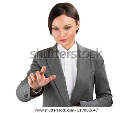 Foto stock: Business Woman Pointing Her Finger On Imaginary Virtual Button