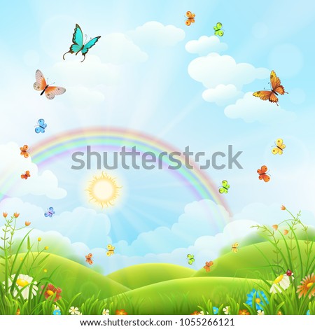 Foto stock: Abstract Spring Background With Rainbow Butterflies And Fantasy