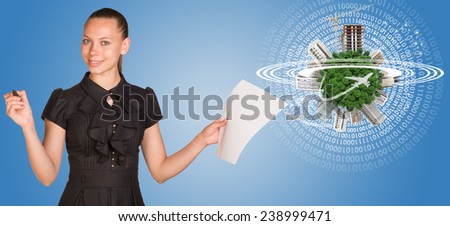 Beautiful Businesswoman Holding Blank Paper Sheet And Felt Pen Ready To Use Beside Is Big Conferen Stockfoto © cherezoff