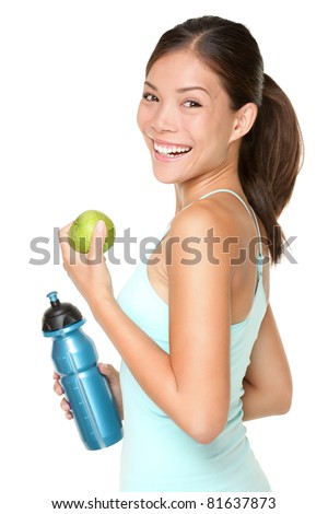 Blue Bottle With Water And Fresh Green Apple Isolated On White Stockfoto © Ariwasabi