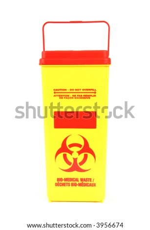 Foto stock: Yellow Medical Disposal Waste Box Syringe Needle With Red Drop On The Tip