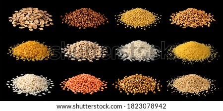 Foto d'archivio: Assortment Different Groats As Background Closeup Wheat Pearl Bulgur Millet Rice Couscous Sem