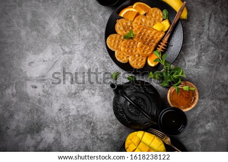 Zdjęcia stock: Healthy Breakfast With Fresh Hot Waffles Hearts Pancakes Flowers