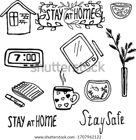Stockfoto: Cartoon Vector Doodles Stay At Home Illustration Sketchy Epidemic Picture