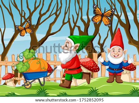 Foto d'archivio: Gnome Pushing Pumpkin Cart And Butterfly In The Garden Cartoon S