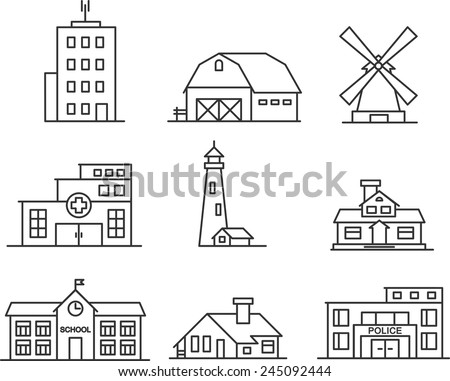 Foto stock: Urban Architecture - Set Of Thin Line Design Style Vector Illustrations