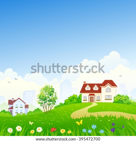 ストックフォト: Cartoon House Exterior With Blue Clouded Sky Front Home Architecture Concept Flat Design Style Vect