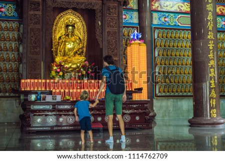 Stock fotó: Father And Son Tourists In Buddhist Temple Kek Lok Si In Penang Malaysia Georgetown Traveling Wit