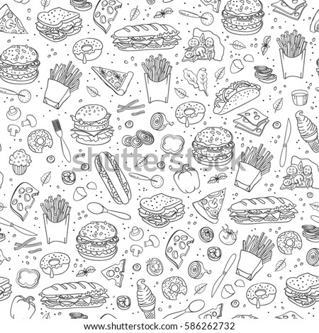 Stockfoto: Fastfood Hand Drawn Vector Doodles Illustration Fast Food Poster Design