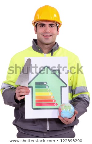 Stockfoto: Man Holding Globe And Energy Efficiency Logo