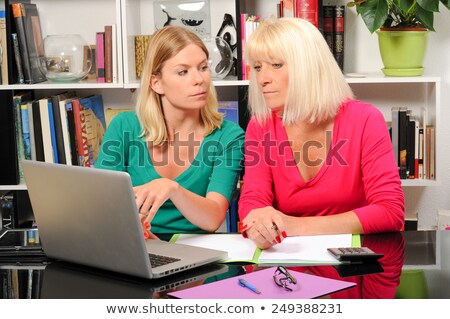 Stok fotoğraf: Senior Woman And Caregiver With Laptop And Credit Card